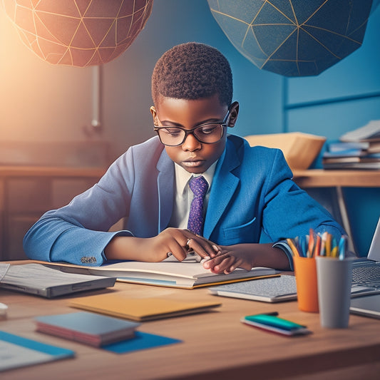 A colorful illustration of a 6th grader sitting at a desk, surrounded by textbooks and a laptop, with a subtle background of mathematical symbols and shapes, conveying a sense of focus and learning.