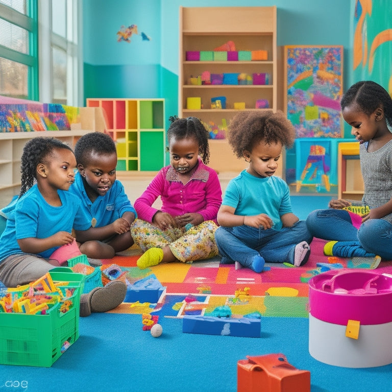 A colorful, clutter-free play area with a diverse group of happy children (ages 3-5) engaged in various learning activities, surrounded by blocks, puzzles, art supplies, and a few strategically placed educational posters.