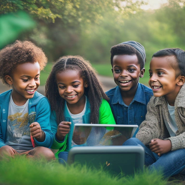 Illustrate a diverse group of children aged 6-12, gathered around a tablet, each with a distinct emotional expression (e.g., one smiling, one worried, one excited), surrounded by calming nature elements.