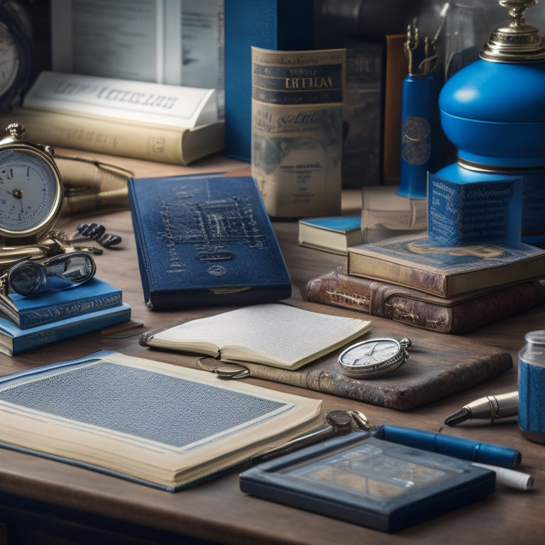 A cluttered study desk with scattered puzzle books, a stopwatch, and a few scattered pens, surrounded by a faint blue background with subtle grid patterns, conveying a sense of focus and intensity.