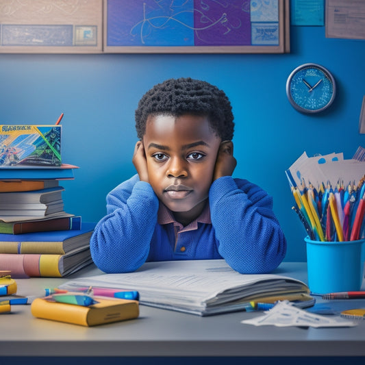 A colorful illustration depicting a 5th grader sitting at a desk, surrounded by math textbooks and pencils, with a puzzled expression, surrounded by swirling math problems and equations in the background.