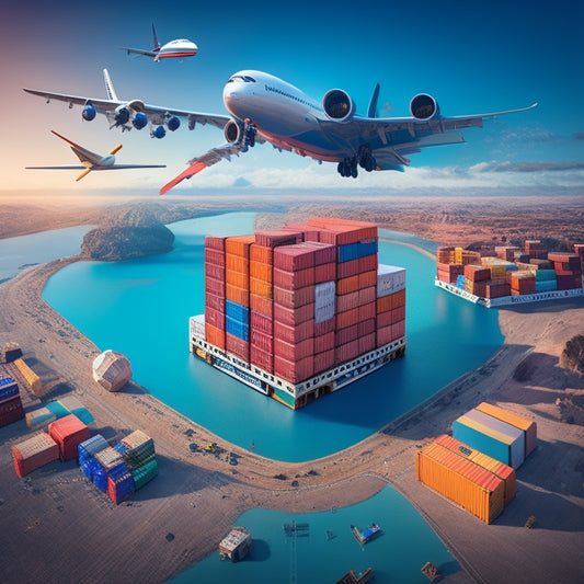 An illustration of a globe with shipping containers and planes orbiting around it, surrounded by puzzle pieces fitting together, symbolizing the complexities of international trade procedures coming together.