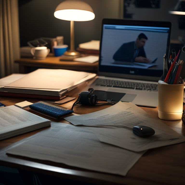 A cluttered college student's desk with a laptop open to a virtual whiteboard, surrounded by scattered math textbooks and notes, with a faint glow of a tutor's face on the laptop screen.