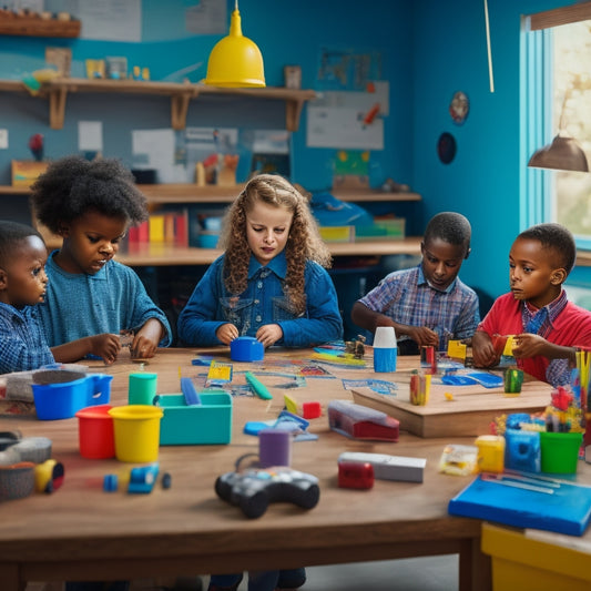 A colorful, clutter-free workspace with a diverse group of elementary school-aged children engaged in hands-on math and science activities, surrounded by various tools, gadgets, and educational materials.