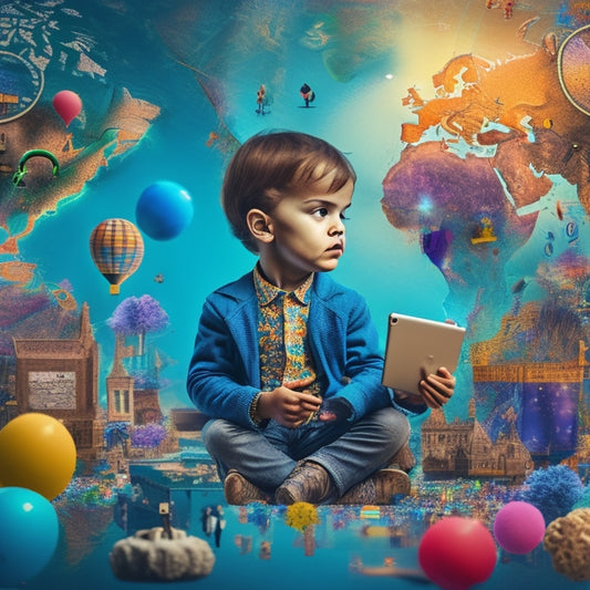 A whimsical illustration of a curious child surrounded by speech bubbles filled with puzzle pieces, gears, and sparks, amidst a backdrop of colorful world maps and floating mobile devices.
