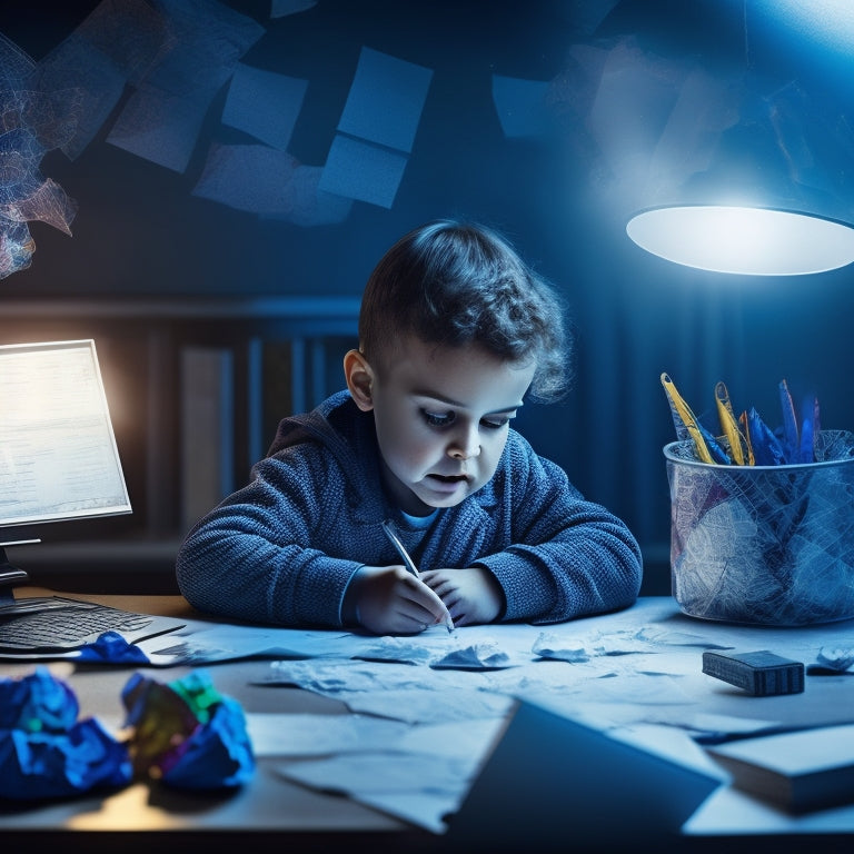 An illustration of a puzzled-looking child sitting at a desk, surrounded by crumpled math worksheets, with a glowing laptop and a virtual math problem-solving assistant hovering above it.