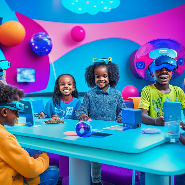 A colorful, futuristic classroom with diverse kids aged 6-10 wearing VR headsets, interacting with 3D animated characters, and gesturing with controllers, surrounded by subtle language learning graphics and floating speech bubbles.