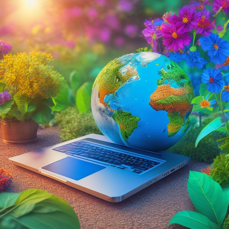 An illustration of a globe surrounded by blooming flowers, vines, and leaves, with a laptop and tablet in the foreground, connected to the globe by glowing green lines and icons of eco-friendly symbols.