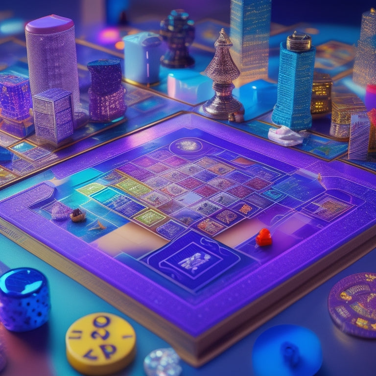 A stylized game board with abstract, swirling shapes and vibrant colors, surrounded by scattered game pieces, dice, and cards, with a cityscape or futuristic background, conveying innovation and excitement.