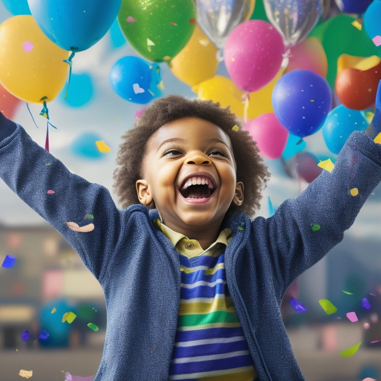 A colorful illustration of a smiling child holding a tablet, surrounded by math-inspired confetti, balloons, and floating numbers, with a subtle Cityscape or classroom background.