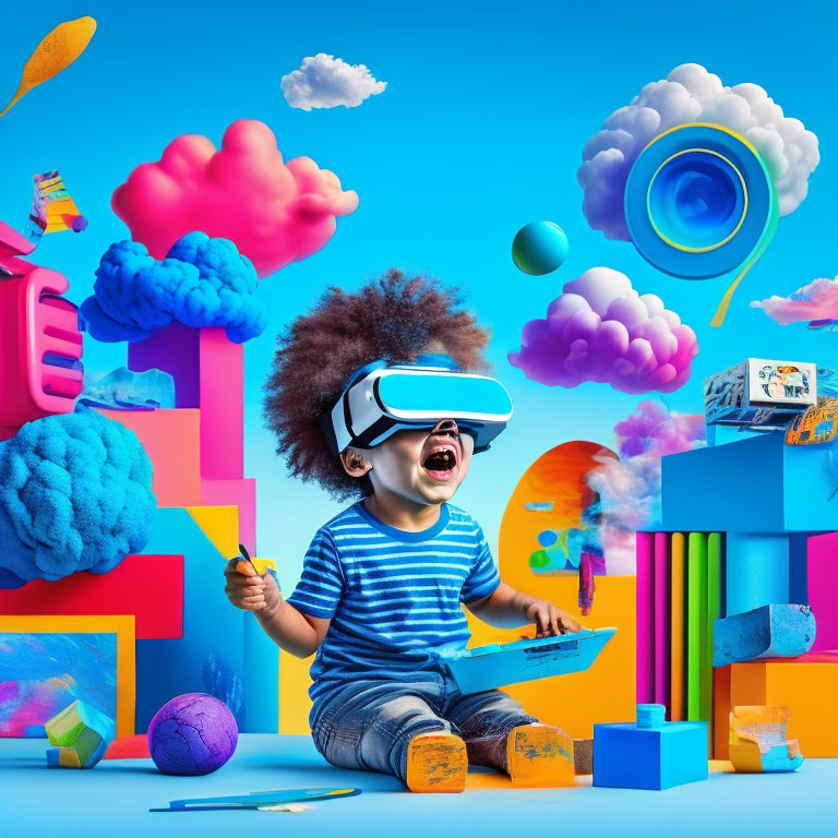 A whimsical illustration of a child surrounded by virtual reality goggles, paintbrushes, and colorful blocks, amidst swirling clouds of crayons, musical notes, and coding symbols, set against a vibrant, gradient blue background.
