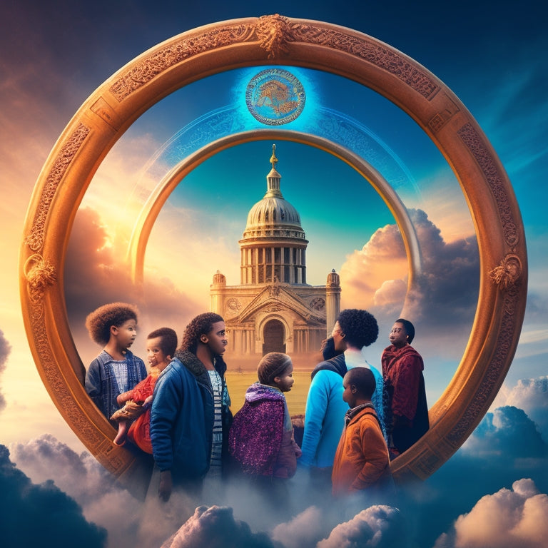 An illustration of a glowing, stylized gateway arching over a diverse group of students of different ages, ethnicities, and abilities, surrounded by swirling clouds of educational symbols and icons.