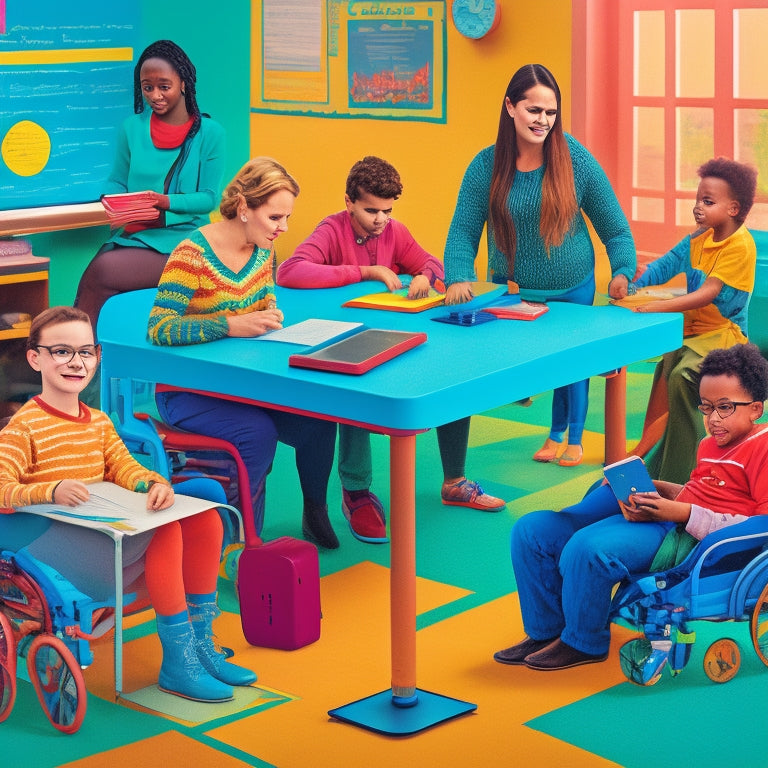 A colorful illustration of a diverse group of students with special needs using laptops and tablets, surrounded by assistive technology and learning aids, in a bright, inclusive classroom setting.