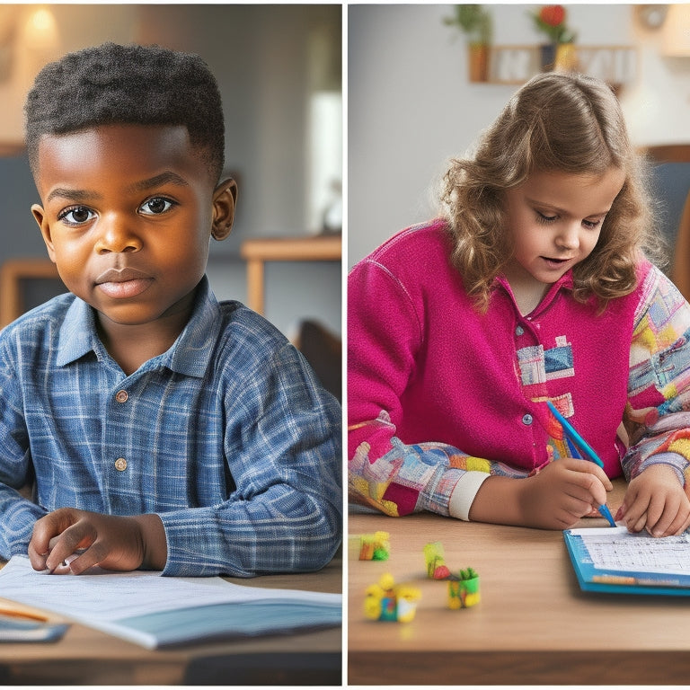 A split-screen image: on the left, a puzzled child surrounded by scattered math worksheets and broken pencils, while on the right, the same child confidently solving a math problem on a tidy desk with a supportive tutor in the background.