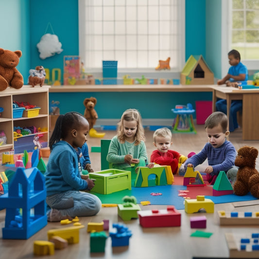 A colorful kindergarten classroom with blocks, counting bears, and shape-sorting toys scattered on tables and floor, surrounded by curious children of diverse backgrounds engaged in playful math activities.