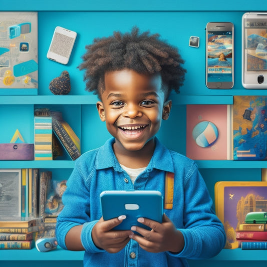 A colorful illustration of a smiling child surrounded by various tablets and smartphones, with icons of educational apps and games floating around, amidst a subtle background of bookshelves and learning props.