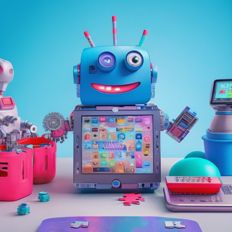 A colorful illustration of a smiling cartoon robot surrounded by coding symbols, puzzle pieces, and gears, with a tablet and smartphone displaying interactive coding apps in the background.