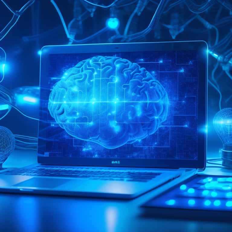 A futuristic brain with glowing blue circuits and neurons, surrounded by laptops, tablets, and smartphones, with puzzle pieces and lightbulbs floating above, set against a dark blue background with subtle grid patterns.