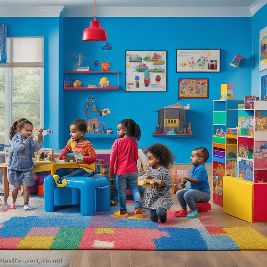 A colorful, clutter-free playroom with a diverse group of children (ages 4-8) engaged with various STEM toys, including building blocks, robots, microscopes, and coding puzzles, surrounded by inspirational posters.