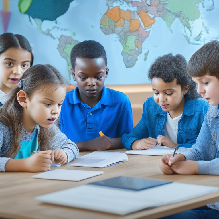 An illustration of diverse elementary school students engaged in virtual learning activities, surrounded by laptops, tablets, and headphones, with a subtle background of a global map, hinting at global connectivity.