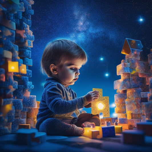 A whimsical illustration of a curious child surrounded by vibrant, puzzle-piece-shaped blocks, glowing neurons, and floating brain teasers, set against a bright, starry night sky.