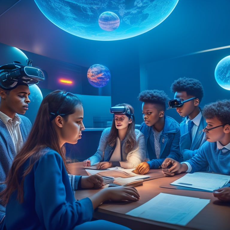 A futuristic classroom with students wearing VR headsets, surrounded by virtual 3D models, diagrams, and globes, with a teacher guiding them in the center, amidst a subtle neon-lit background.