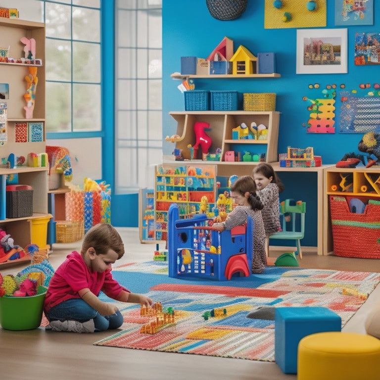 A colorful, clutter-free playroom with various math toys and games, including a geometric shape sorter, a abacus, a math puzzle, and building blocks, surrounded by happy, diverse kids engaging with them.