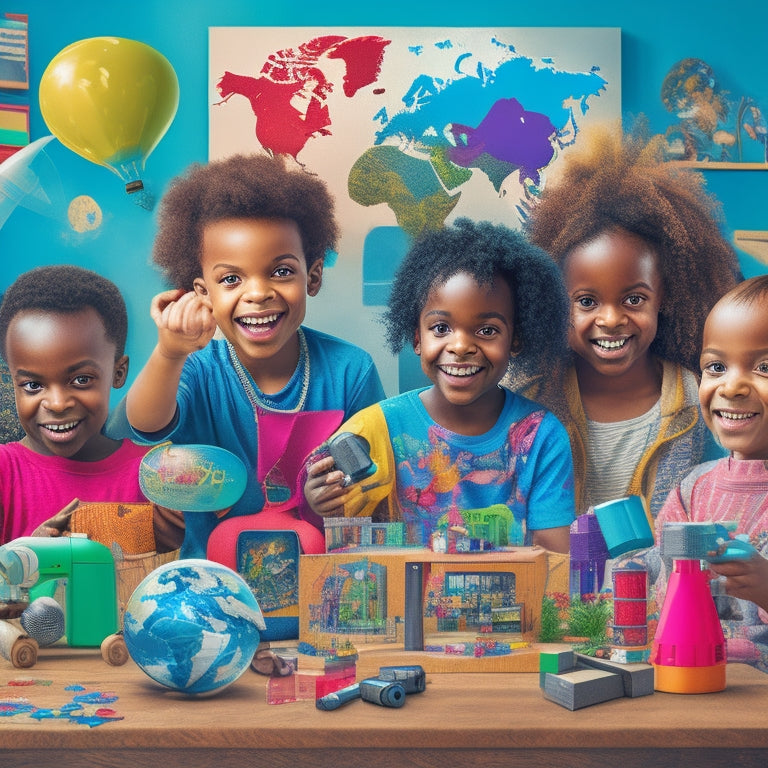 A vibrant, clutter-free illustration featuring a diverse group of happy children surrounded by various educational toys and gadgets, including a microscope, puzzle, and tablet with a globe displayed on the screen.