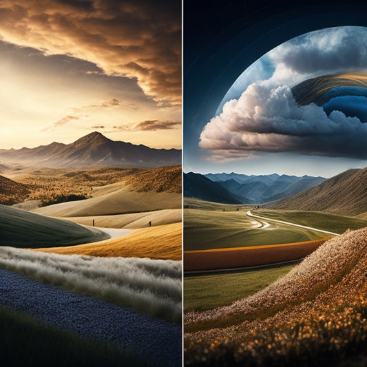 A split-screen illustration featuring a chaotic, swirling storm of mathematical symbols on the left, contrasted with a serene, organized landscape of rolling hills and precise, glowing graphs on the right.
