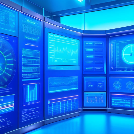 A futuristic dashboard with neon blue lines and grids, displaying various circular graphs, charts, and meters, surrounded by sleek, silver robotic arms and wires, set against a dark, gradient blue background.