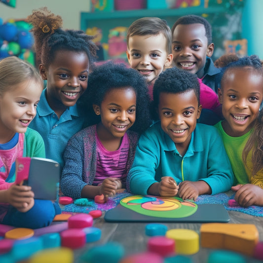A colorful, vibrant background with a grouping of diverse, smiling children sitting in a circle, surrounded by laptops, tablets, and educational toys, engaged in collaborative learning activities.