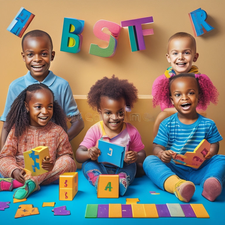 A colorful illustration of happy, diverse kids aged 4-6, surrounded by alphabet blocks, playing with letter-shaped puzzles, and holding flashcards with bold, bright letters.