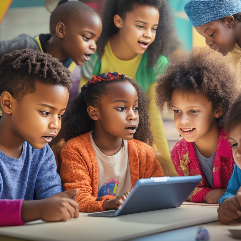 An illustration of a diverse group of elementary students gathered around a tablet, each with a unique facial expression, surrounded by colorful math symbols and shapes, with a subtle glow effect indicating digital learning.