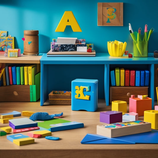 A colorful, clutter-free desk with a Coogam Interactive Alphabet Learning Toy placed centrally, surrounded by scattered alphabet blocks, a few open children's books, and a smiling toddler's hands grasping a letter "A" block.