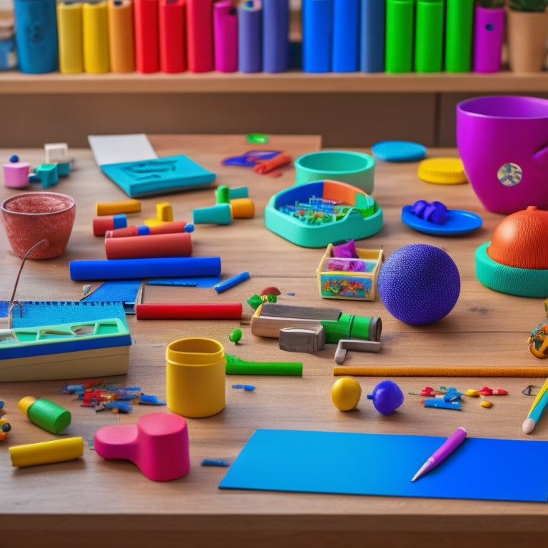 A colorful, clutter-free workspace with a diverse range of math toys and tools scattered across a wooden table, surrounded by curious children of different ages and abilities engaging with them.