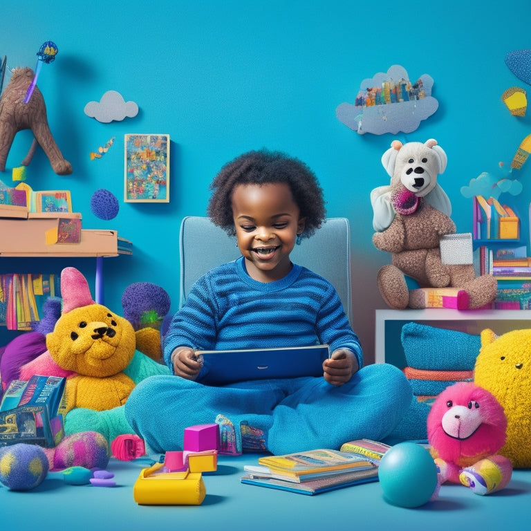 A colorful illustration of a happy child sitting in front of a tablet, surrounded by scattered toys and books, with various educational video thumbnails and icons floating around them.