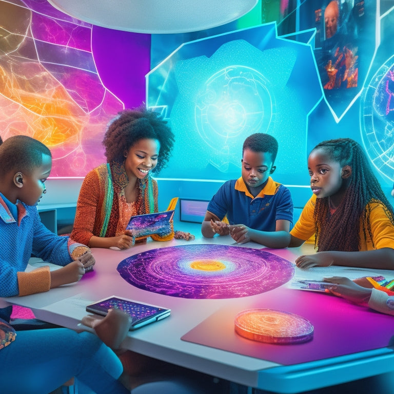 Illustrate a vibrant, futuristic classroom with diverse students engaged with tablets, laptops, and interactive whiteboards, surrounded by swirling math symbols, graphs, and equations in a kaleidoscope of colors.