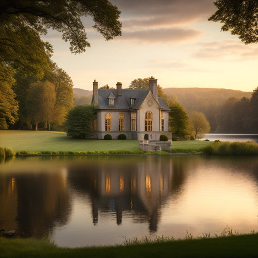 Generate an image of a serene lakeside scene featuring a grand, stone-built mansion with a lush green lawn, surrounded by mature trees and overlooking the calm waters of Lake Windermere at sunset.