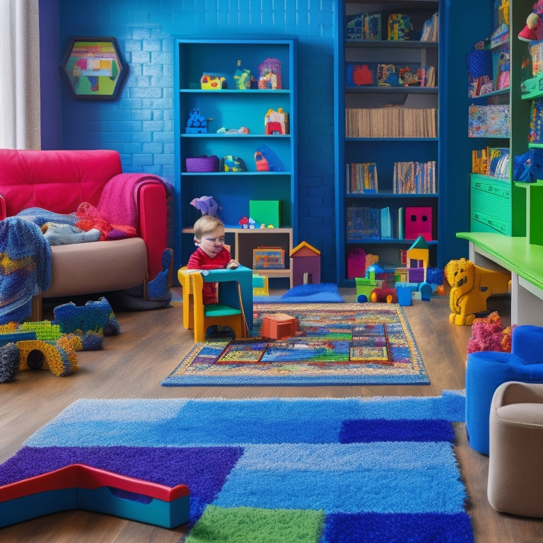 A colorful, clutter-free playroom with a toddler-aged child surrounded by various educational toys, blocks, and puzzles, with a subtle background of bookshelves and a learning-themed rug.