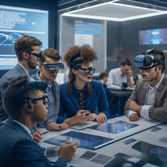 A futuristic classroom with students wearing VR headsets, surrounded by 3D models and holographic screens, interacting with virtual instructors and collaborative virtual whiteboards, amidst a subtle grid of circuitry and code.