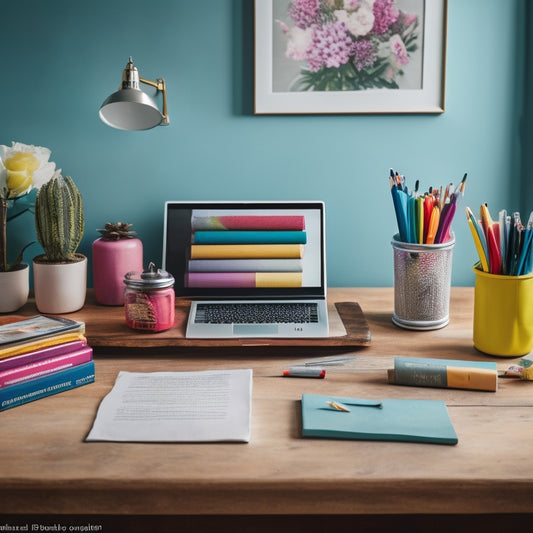 A colorful, clutter-free desk with a laptop, open books, and a few scattered pencils, surrounded by a subtle chalkboard background with faint, inspirational quotes in soft, white cursive.