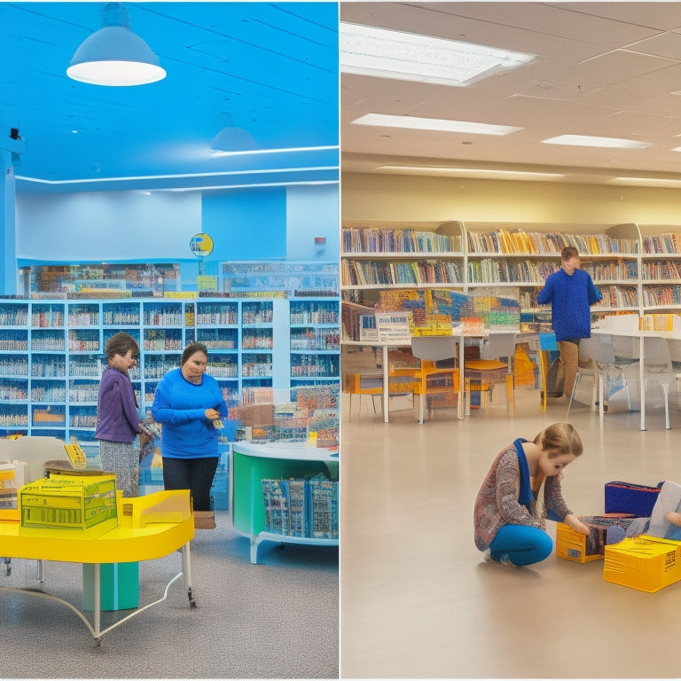 A futuristic, well-lit library with sleek tables, 3D printers, and robots amidst shelves of books, surrounded by students of diverse ages and abilities, engaged in hands-on STEAM activities.