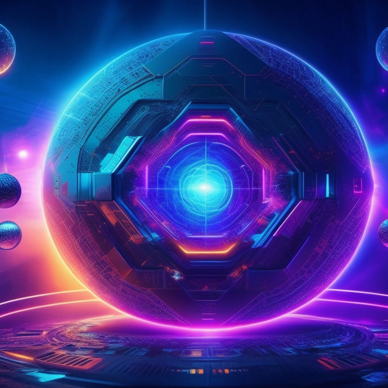 A futuristic, neon-lit digital arena with abstract math symbols and shapes swirling around a centered, glowing puzzle piece, surrounded by orbiting spheres and streaks of light.