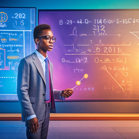 A bright, colorful illustration of a confident student standing in front of a giant, glowing math equation-covered chalkboard, surrounded by laptops and tablets with math websites open.