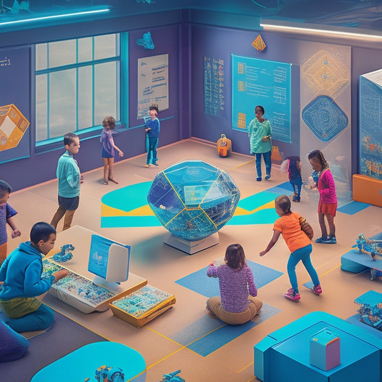 An illustration of a vibrant, futuristic classroom where students of diverse ages and abilities are engaged in hands-on math activities, surrounded by geometric shapes, robots, and interactive screens.