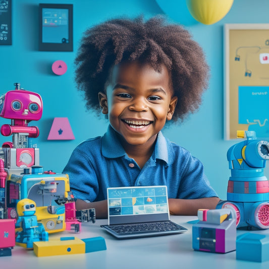 A colorful illustration of a smiling child surrounded by floating icons of robots, coding blocks, and math symbols, with a tablet and a microscope in the background.