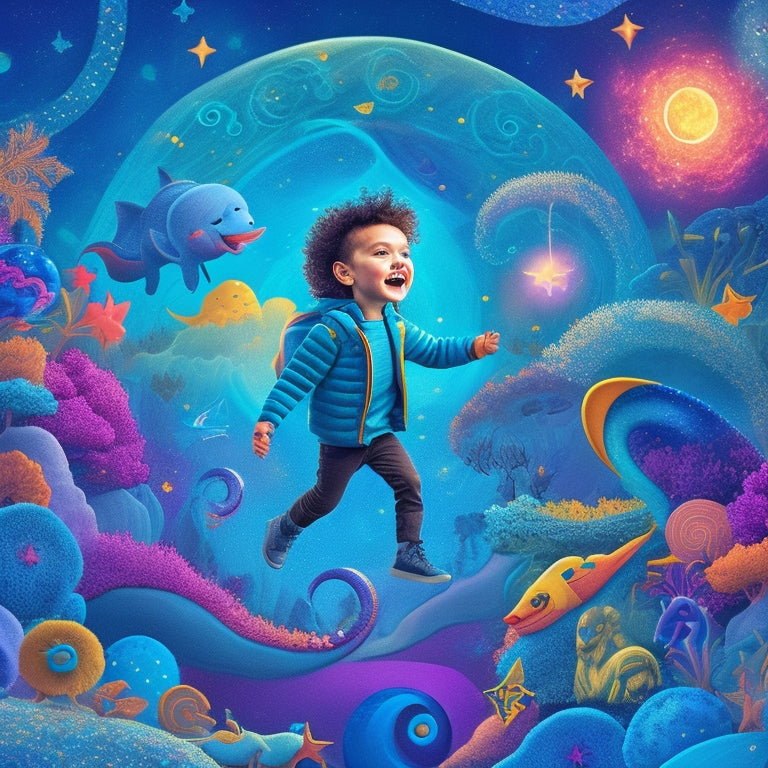 A vibrant, whimsical illustration of a smiling, adventurous kid surrounded by swirling shapes, colorful math symbols, and fantastical creatures, set against a bright blue, starry night sky.