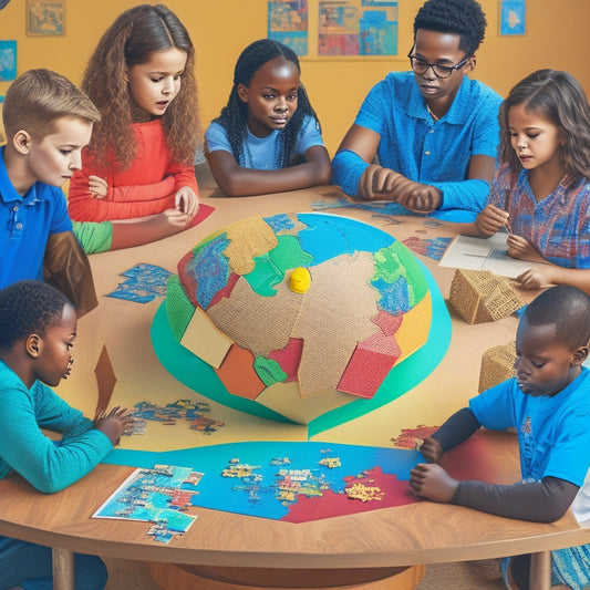 A colorful illustration of diverse students, aged 8-12, gathered around a large, wooden, geometric-shaped table, surrounded by math-related objects, with puzzle pieces, blocks, and a globe in the background.