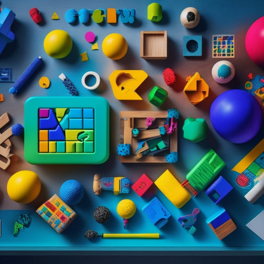 A colorful illustration of various coding toys and puzzles scattered around a wooden desk, surrounded by curious kids' hands and faces, with mathematical symbols and shapes in the background.