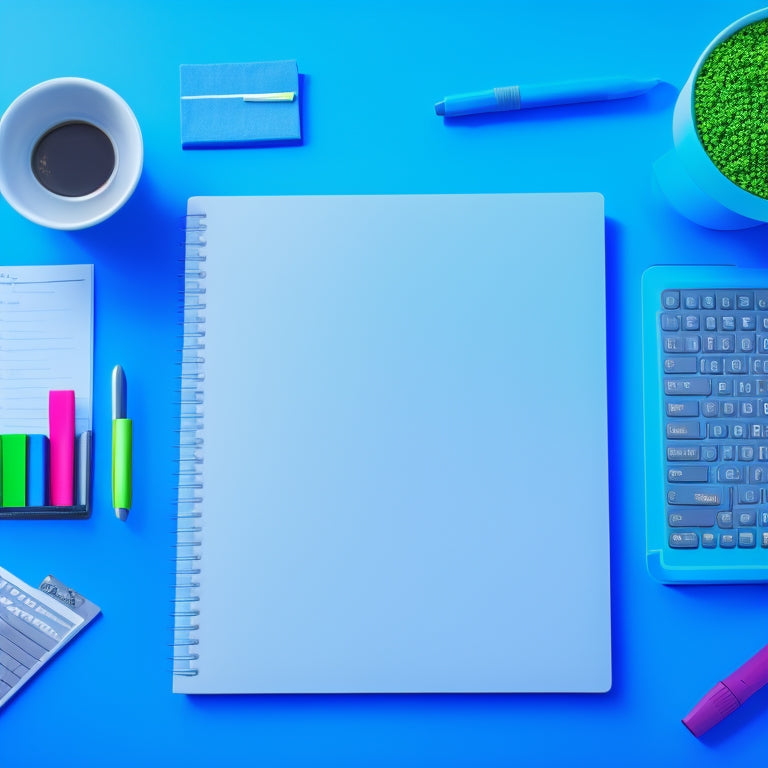 A cheerful, organized desk with a laptop, open math textbook, and scattered colorful pens, surrounded by a subtle, gradient blue background, conveying a sense of calm, focused learning.